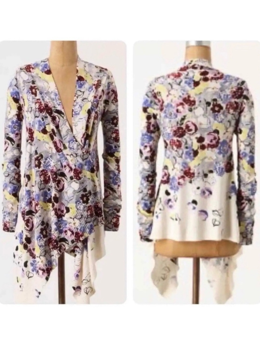 Anthro Guinevere Bramble Waves Floral Wrap Waterfall Cardigan Sweater